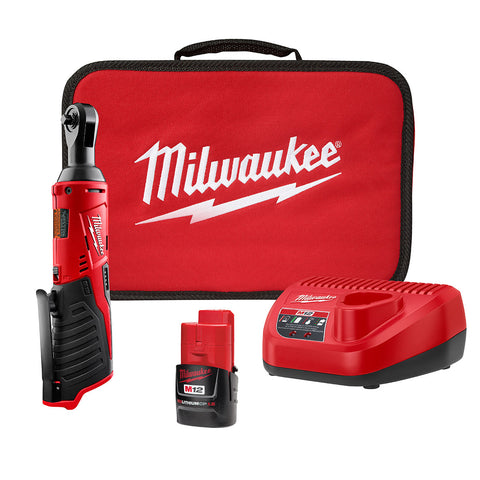 2456-21 Milwaukee M12 12-Volt 3/8 in Lithium-Ion Cordless Ratchet Kit with 1.5 Ah Battery Charger and Tool Bag, M12 1/4" Ratchet